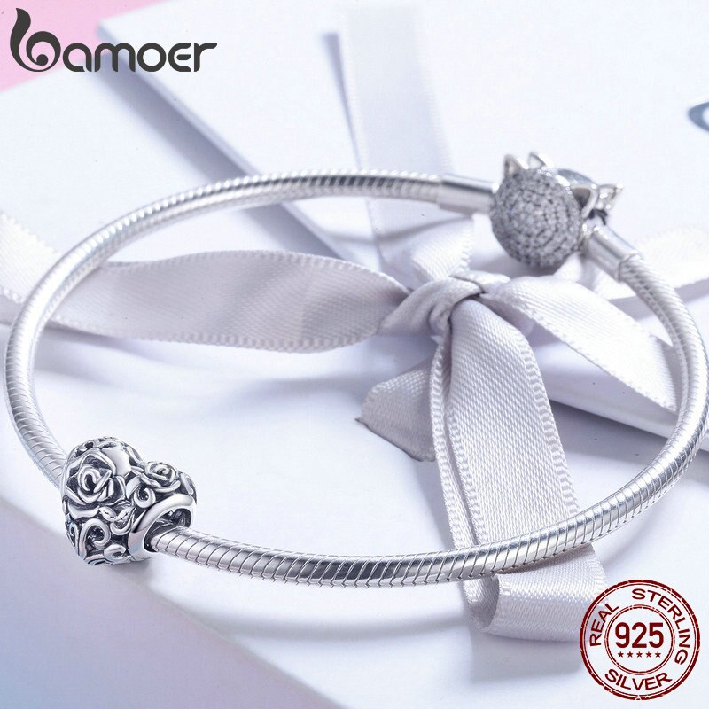 BAMOER New Romantic 925 Silver Rose Fiore Incidere Cuore misura Branelli Braccialetti Con Ciondoli & braccialetti DEI MONILI di DIY Che Fanno SCC790