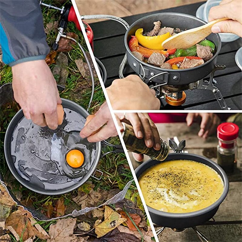 Falten Aluminium draussen Camping Kochgeschirr einstellen Tragbare Cookset Leichte Picknick Wasser Wasserkocher Topf Pfanne Schüssel Löffel Bausatz Mit Gittergewebe