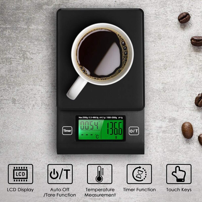 Digitale Koffie Schaal Multifunctionele Keuken Voedsel Schaal Met Timer Temperatuur Probe Lcd-scherm Groene Achtergrondverlichting 2000G/ 1G