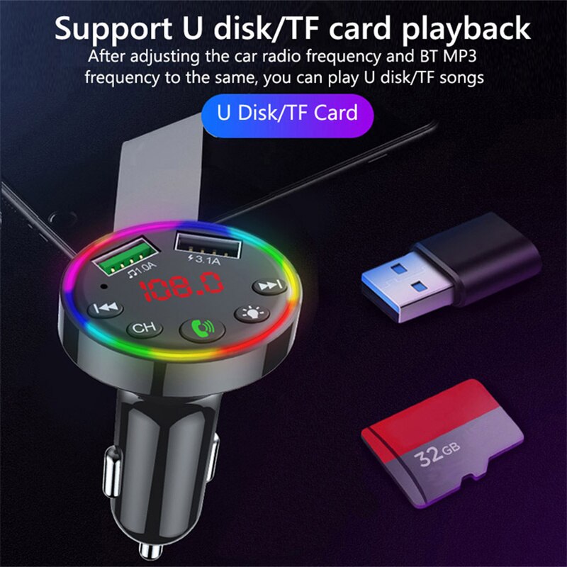 Lovebay  f9 auto-bluetooth-sender 5.0 fm kabellose freisprecheinrichtung mit farbiger led-beleuchtung, audioempfänger, usb-schnellladefunktion und  mp3- player-playern.