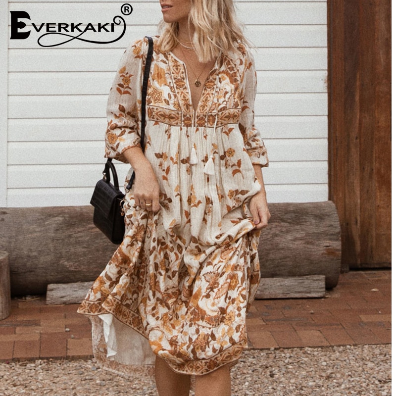 Everkaki, vestido largo bohemio con estampado Floral para mujer, Vestidos étnicos de verano para mujer, Maxi Vestidos sueltos, Casual para mujer, primavera ,