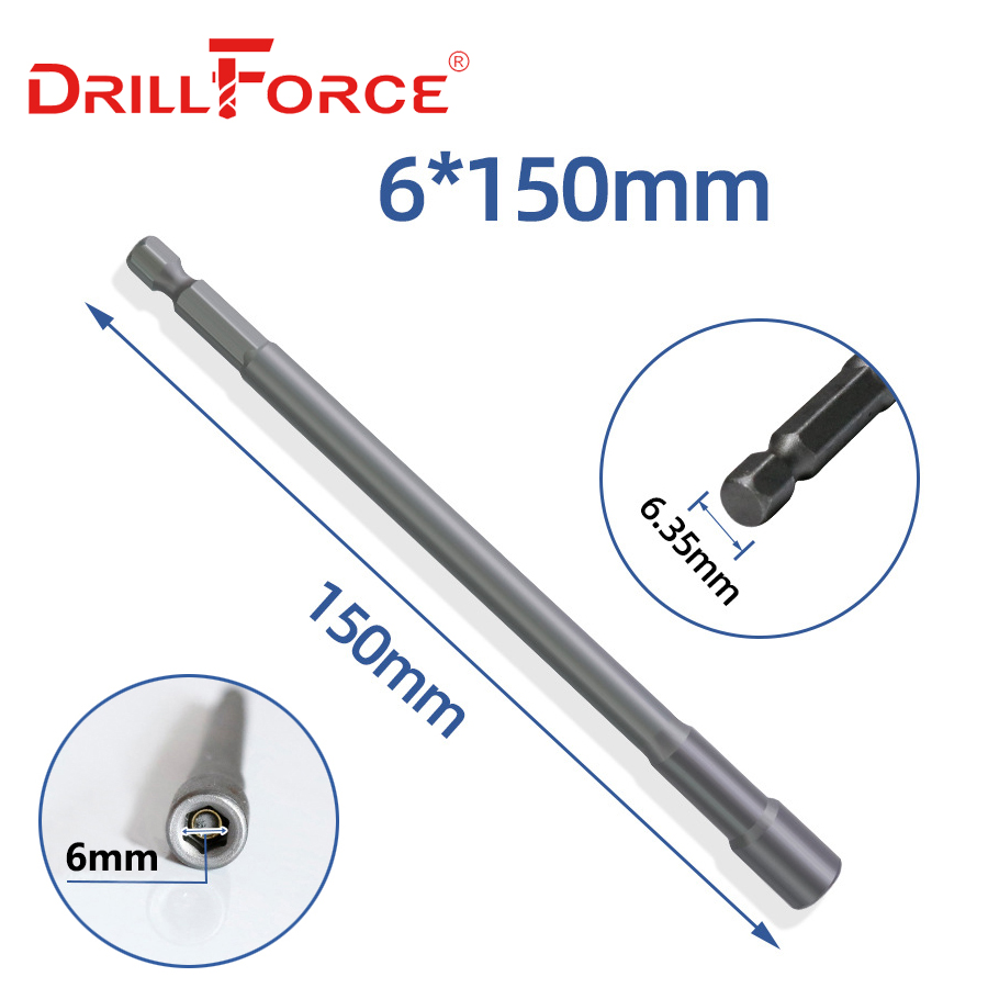 Drillforce 5.5-19x150mm Magnetic Nut Driver Set Impact Socket Sleeve Adapter Screwdriver Drill Bit 1/4" Quick Change Hex Shank: 6x150mm