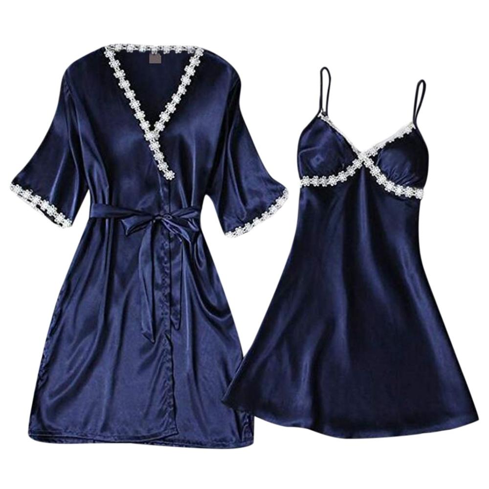 2 Pcs Vrouwen Sexy Satijnen Nachtkleding Babydoll Lingerie Nachthemd Pyjama Set Bruid Gewaden Kimono Robe Satijn Zijde Nacht Nachtkleding