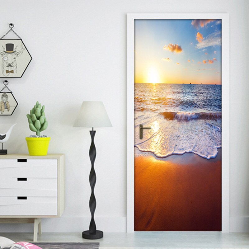 Beach Sunset Seascape Door Sticker Wall Mural Home Decor 3D PVC Waterproof Bathroom Bedroom DIY Self-adhesive Door Sticker