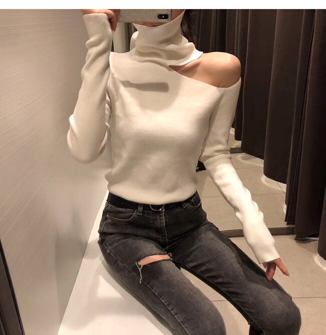 Sexet striktrøje off shoulder sweater sweater til kvinder langærmet rullekrave dame sweater hvid tøj vintage sweater: Hvid