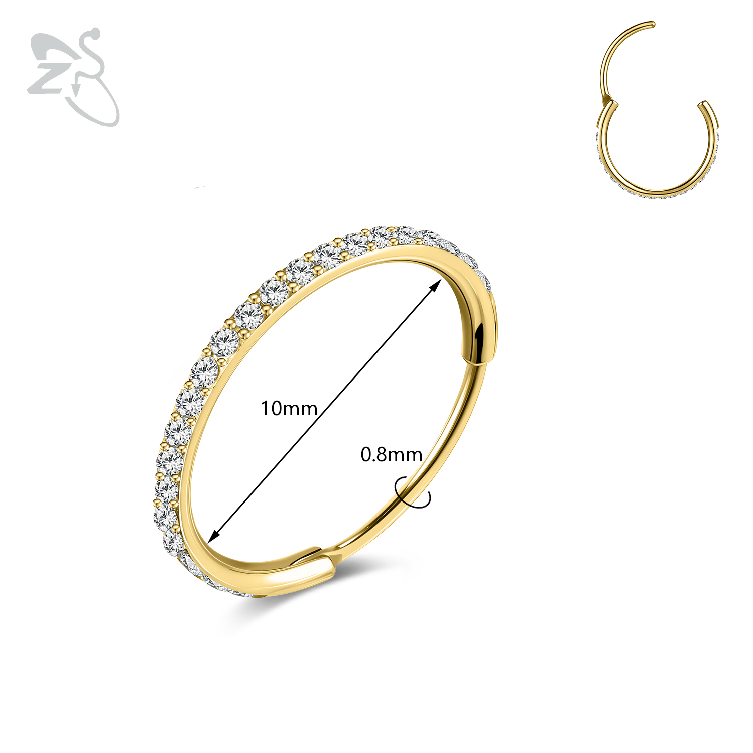 Zs 1pc runde krystal næse piercing sølvfarvet septum ring rustfrit stål næse clicker brusk piercing 20g kropssmykker: Rhodineret