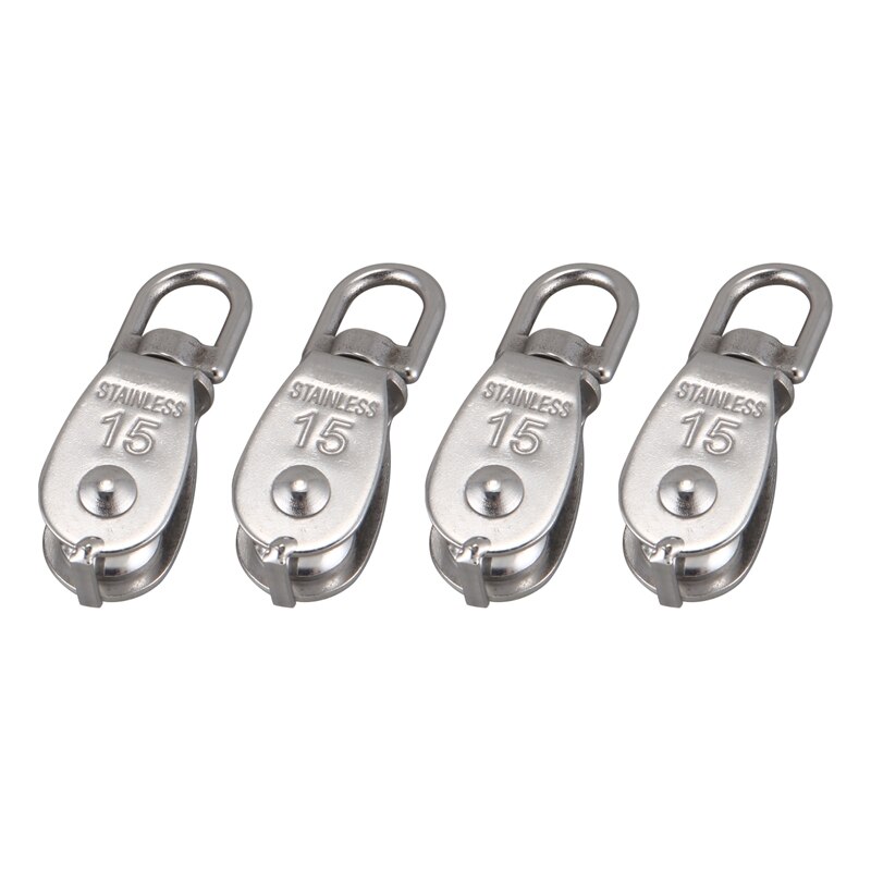 4Pcs 15mm Crane Pulley Block Swivel Hook Single Pulley Block Hanging Wire Towing Wheel 30 Meter Nylon Pulley Line Rope