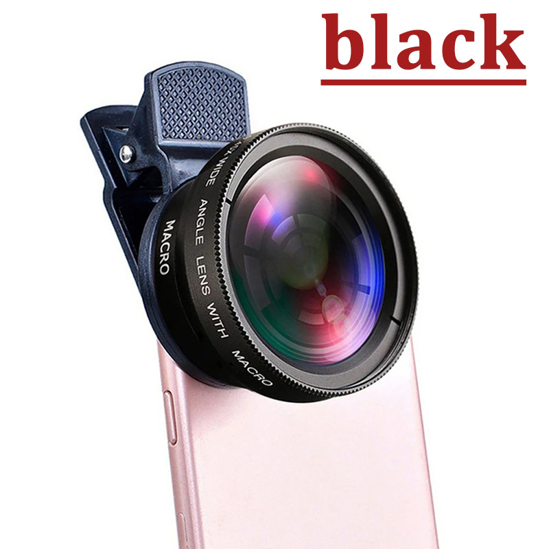 Lente 2 en 1 Clip Universal 37mm lente de teléfono móvil 0.45X 49uv súper gran angular + lente Macro HD para iPhone Android: Negro