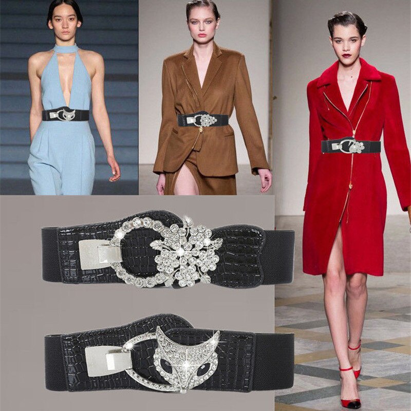 Ceintures pour femmes noires, taille élastique Simple pour dames, boucle de ceinture en métal avec décoration en diamant, pull robe à la ,