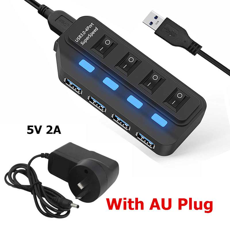USB HUB 3.0 4 7 Poorten met Schakelaar LED Meerdere USB Splitter US/EU/AU/UK power Adapter voor Laptop PC Computer Accessoires: 4 Ports with AU Plug