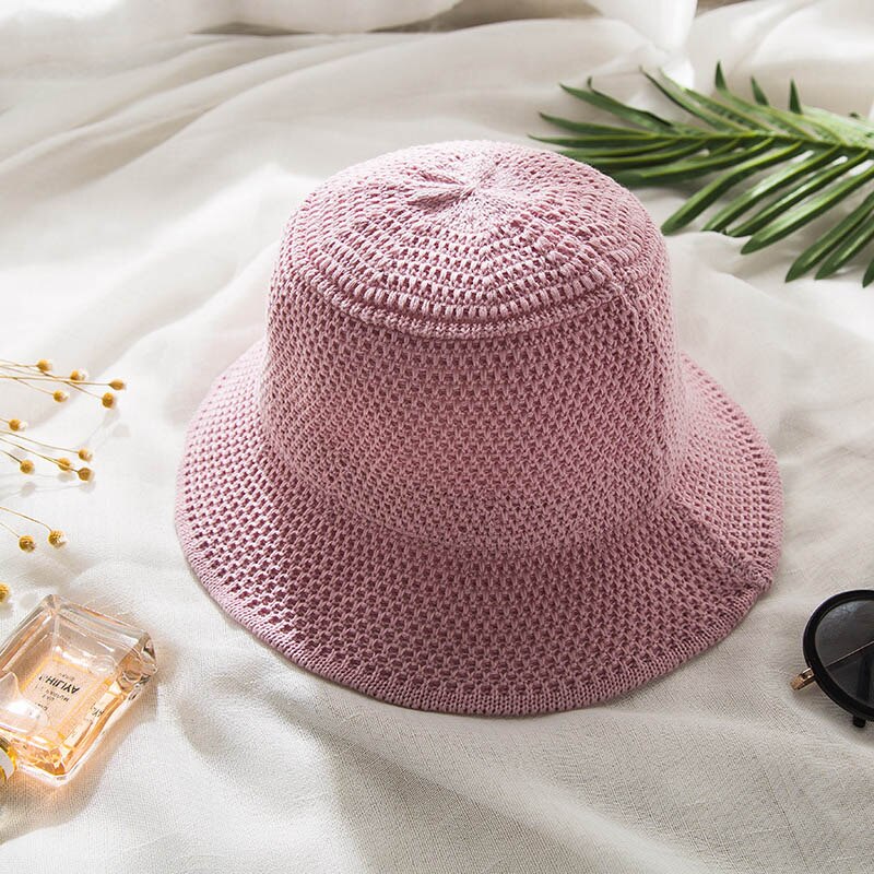 Solhatte til kvinder sommer strandsolhat blød bøttehat panama chapeau femme udendørs kasket: Lyserød