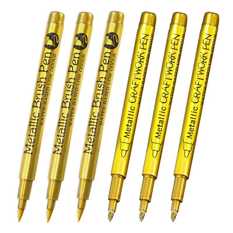 Stylos marqueurs de peinture métallique, brosse, couleur or argent, marqueur d'art Permanent pour artisanat Manga, fournitures de papeterie pour Scrapbooking, 6 pièces