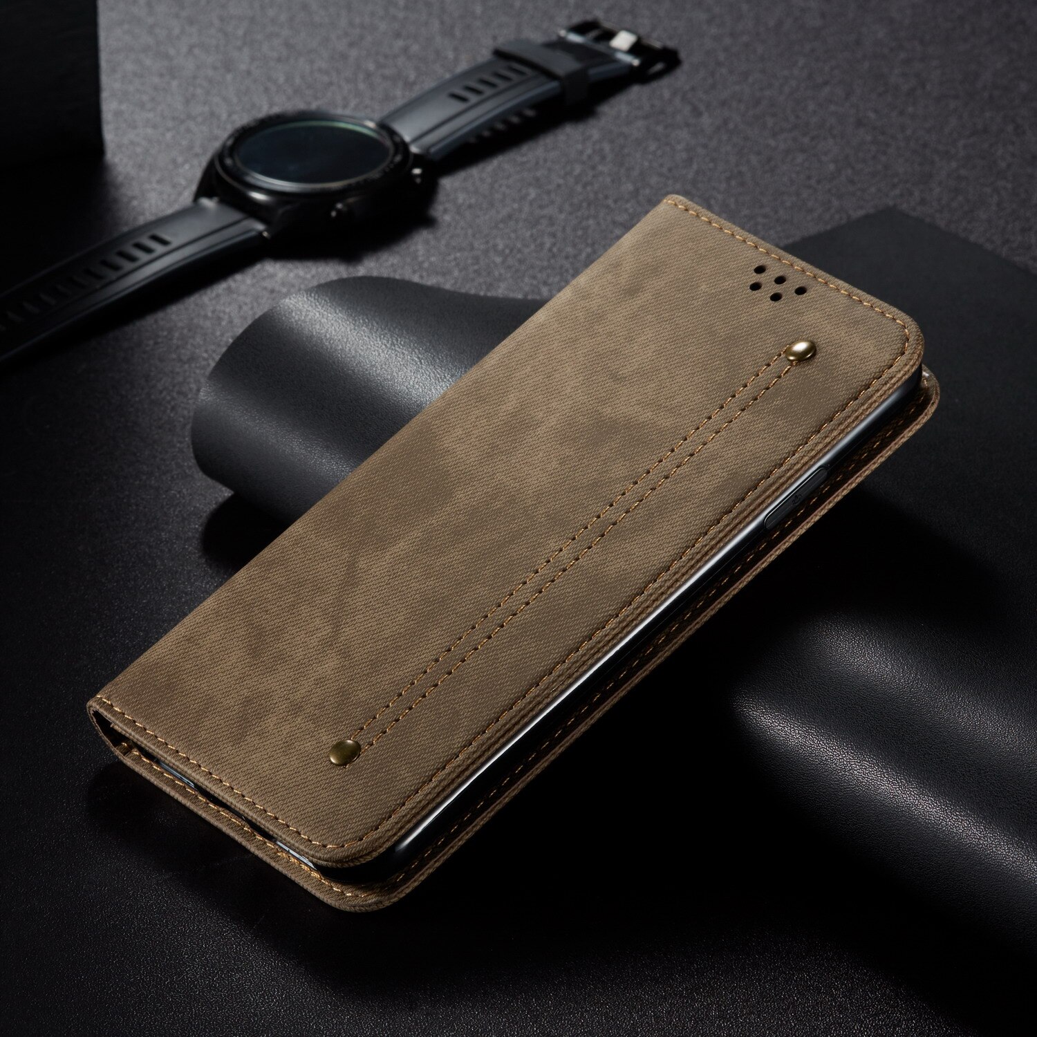 Denim Leather Flip Case for OPPO F11 A9 RENO 2 2F 2Z Coque Magnetic Luxury Card Holder Wallet Book Cover for OPPO Reno2 Reno2z: for OPPO Reno 2F 2Z / Light Brown BaiShi