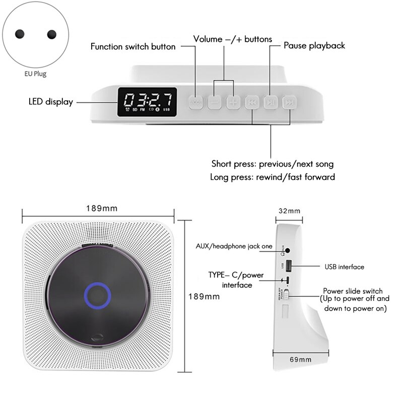 Home CD Player Bluetooth Music Disc Album Disk Portable Music Player EU Plug