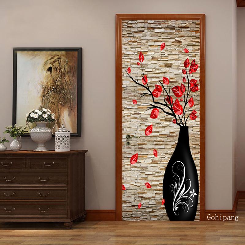 3D en relief Vase fleurs maison porte autocollant décoration Style chinois papier peint salon étude vinyle porte murale porte autocollant