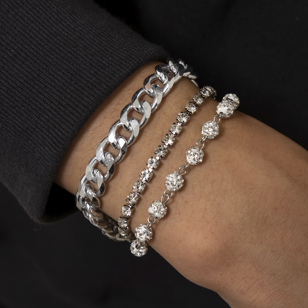 4 Stks/set Luxe Shiny Rhinestone Armbanden Set Bangle Vrouwen Mannen Verstelbare Clear Crystal Chunky Link Charm Armband Hand Sieraden