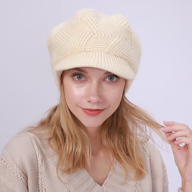 Women Winter Crochet Pure Color Hat Cap Velvet Faux Rabbit Fur Knitted Hat Brim Beret Cap Headwear For Women Girls: Beige
