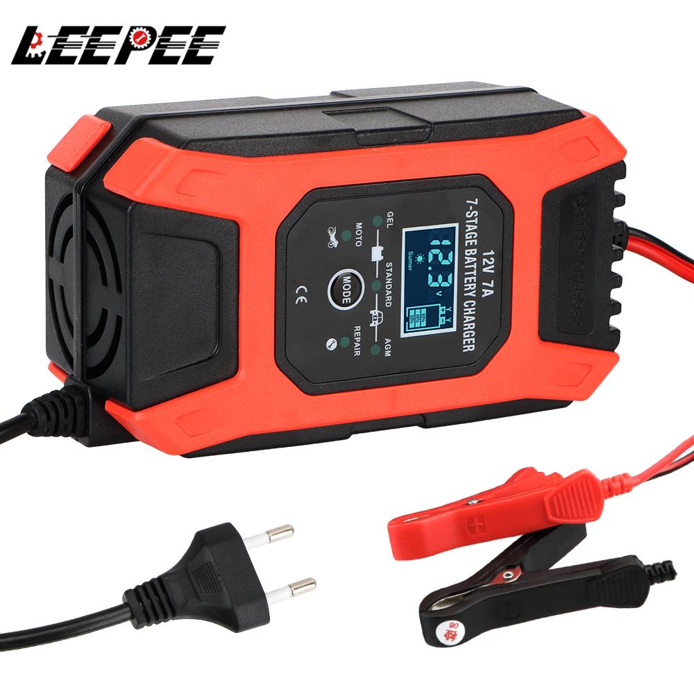 LEEPEE Wet Dry Lead Acid Battery-chargers Digital LCD Display 12V 7A 7 Stage Automatic Smart Car Battery Charger