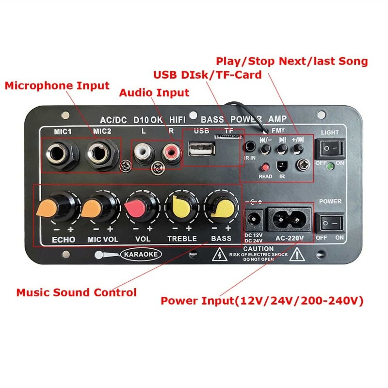 Ac 220V 12V 24V Digitale Bluetooth Stereo Versterker Boord Subwoofer Dual Microfoon Karaoke Versterkers Voor 8-12 Inch Speaker