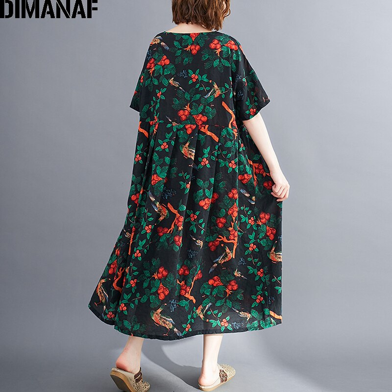 Dimanaf vestido plus size roupas femininas verão vestido de verão vintage impressão floral elegante senhora vestido solto plissado casual algodão 5xl