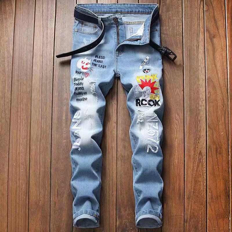 Light Stonewashed Full Length Stripe Regular Zipper Fly Embroidery Straight Mid Jean Biker Jeans Men: blue / 31