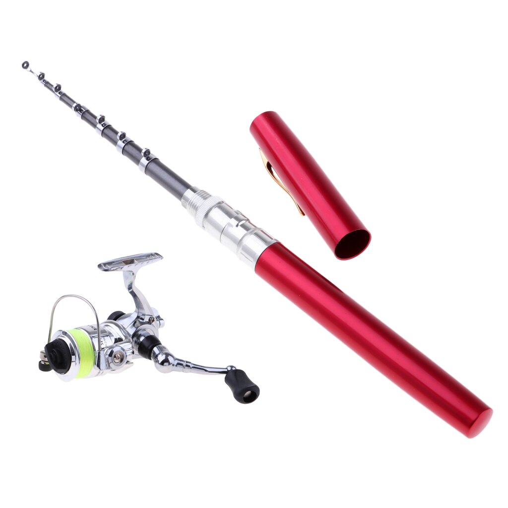 Pen Pocket Fishing Rod and Reel Line Combos Travel Portable Fishing Rod Kits: Red
