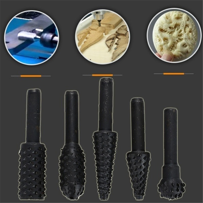 5pcs Steel Rotary Rasp File 1/4" Shank Rotary Craft Files Rasp Burrs Wood Bits Grinding Power Woodworking Hand Tools Drill Bits