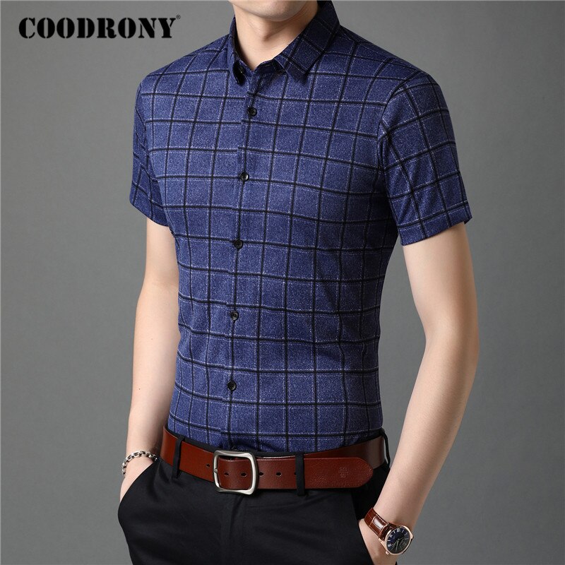 COODRONY Men Shirt Spring Summer Short Sleeve Business Casual Shirts Mens Clothes Slim Fit Plaid Camisa Masculina C6013S