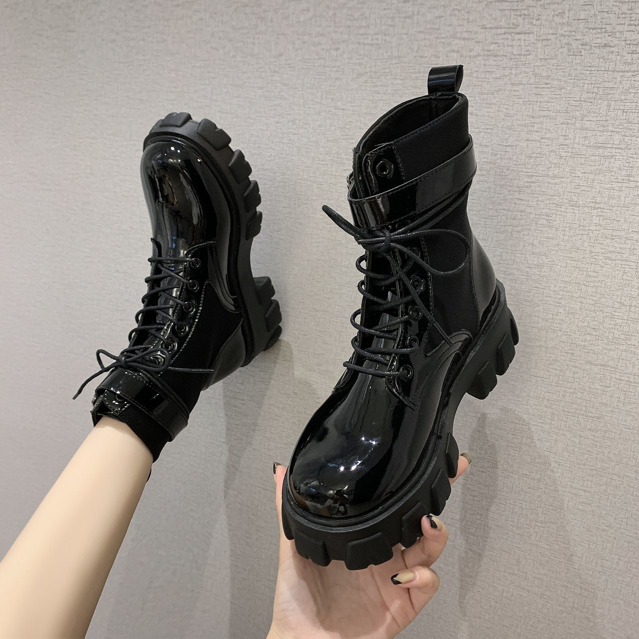 chaussures femme à lacets bottes épaisses bout rond chaussures femme boucle plate-forme en cuir PU bottines talons hauts