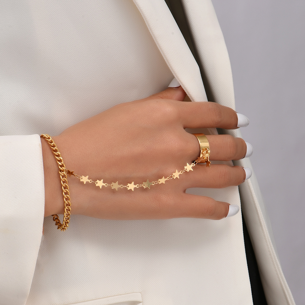 Elegant handkedjearmband ring guldpläterad handgjord länkkedjor förbindande sele armband handsmycken för kvinnor trendiga: Försilvrad