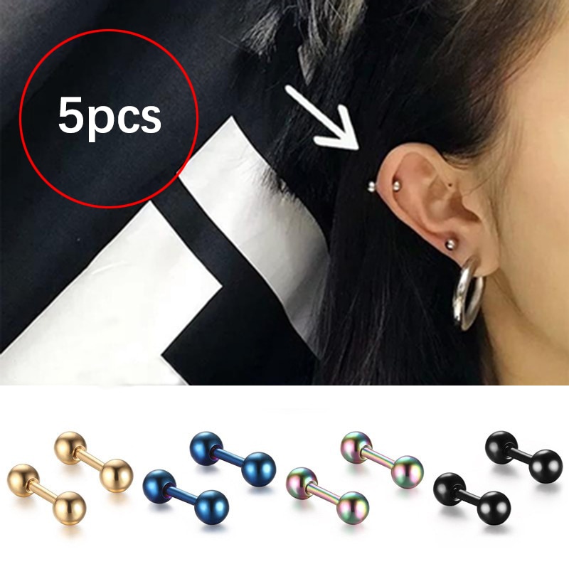 5 pçs de aço inoxidável mini parafuso prisioneiro brinco pequena bola parafusos barbell brincos masculino orelha osso prego lábio sobrancelha osso piercing corpo jóias