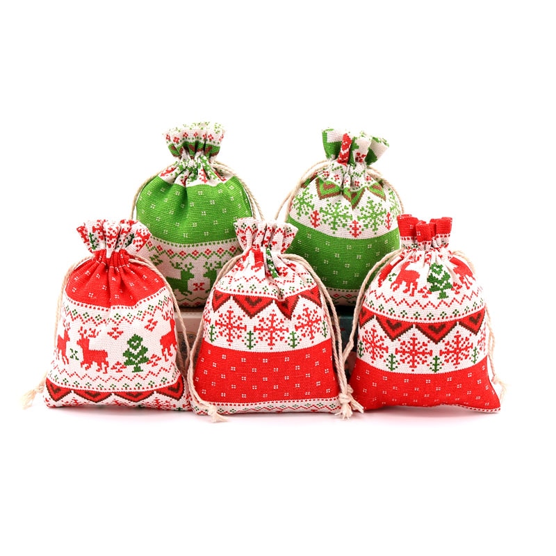 Leuke 10 Stks/partij 10*14Cm Elanden Patroon Trekkoord Sieraden Verpakking Katoenen Tassen Voor Kerst Snoep Zak Zakjes