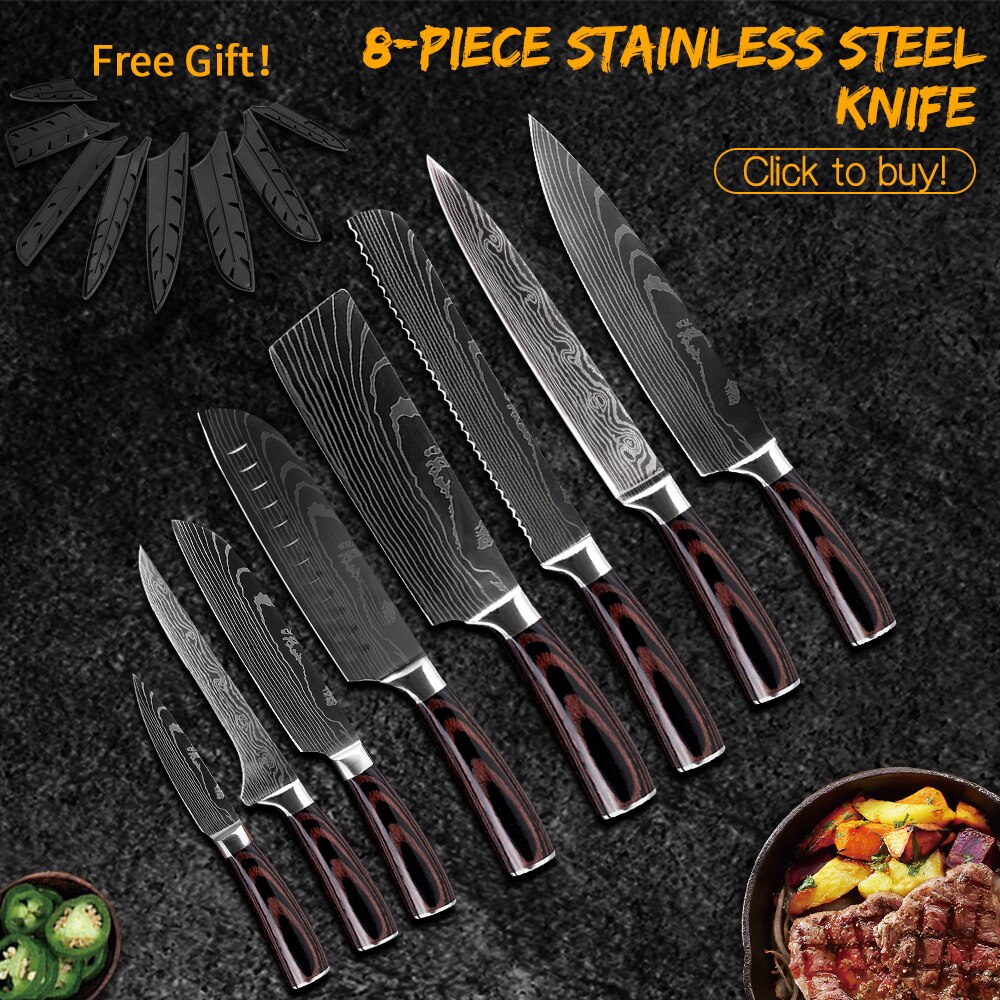 Damask 7 cr 17 kjøkkenkniver sett i rustfritt stål klyver skjæring damaskus vener overleve kjøkkenkniver sett med knivdekseletui