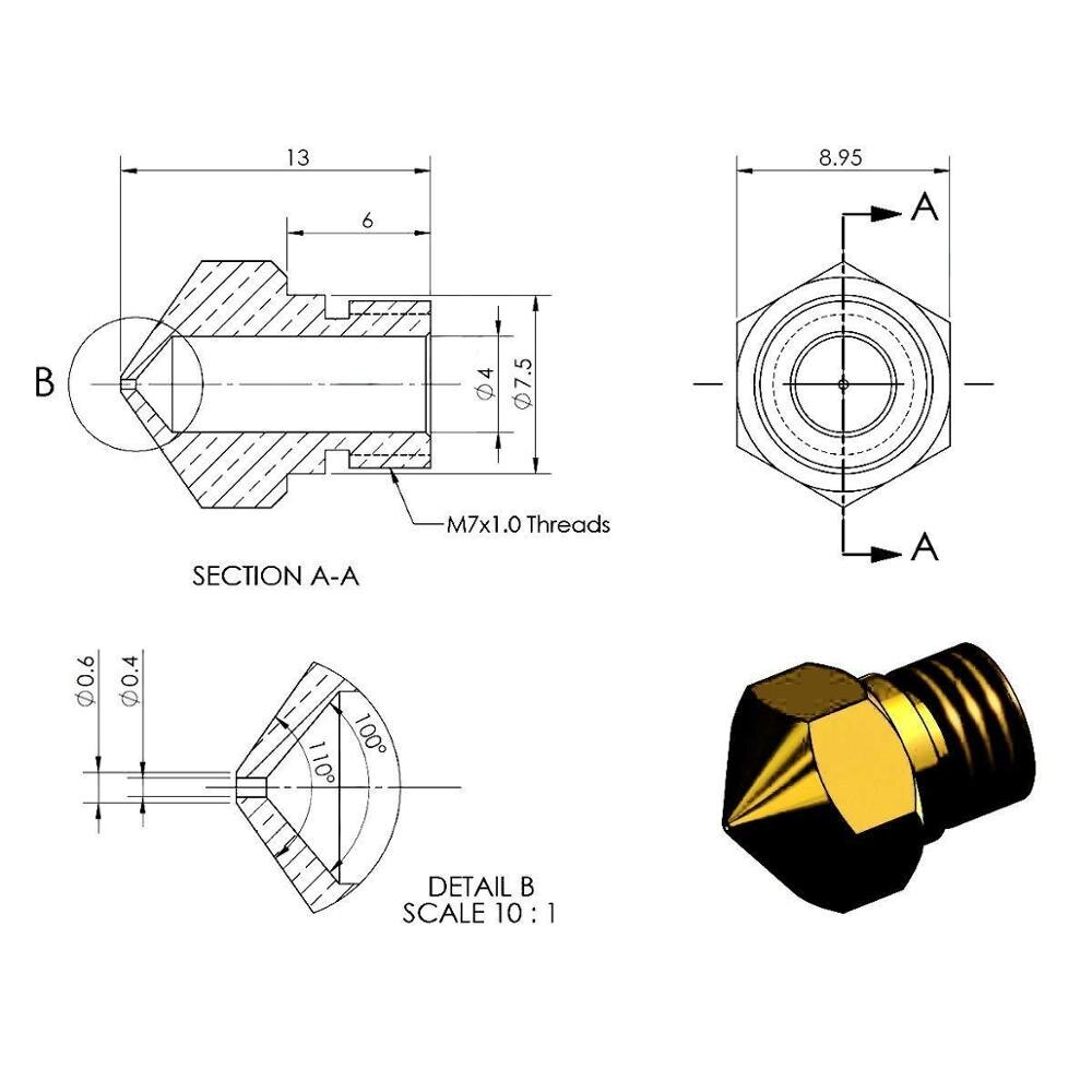 MK10 M7 Nozzle Voor 3D Printer, 20 Stuks Messing Extruder Hoofd Hotend Nozzles 0.4 Mm, fit 1.75 Mm Filament Wanhao Dupicator D4/I3/Dremel