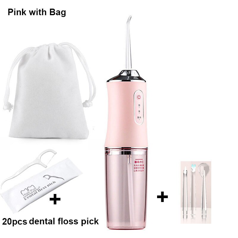 Vanntett munnskylling dental vannstråle vannflosser waterpik usb oppladbar vanntråd 300ml vanntank tennerenser: Rosa med veske