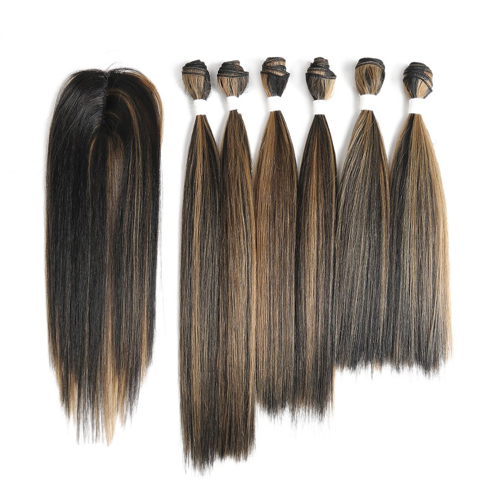 Highlight Synthetic Hair With Lace Closure Weave Bundles Weave Hair Extension Yaki Straight 6 Bundles With Closure SOKU