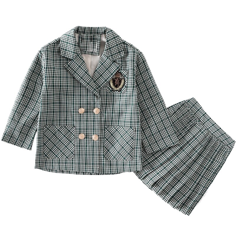 Meisjes Preppy Stijl Pak Set Kinderen Lente Zomer Kleding School Jas Kinderen Groene Plaid Outfits Rokken: 14T
