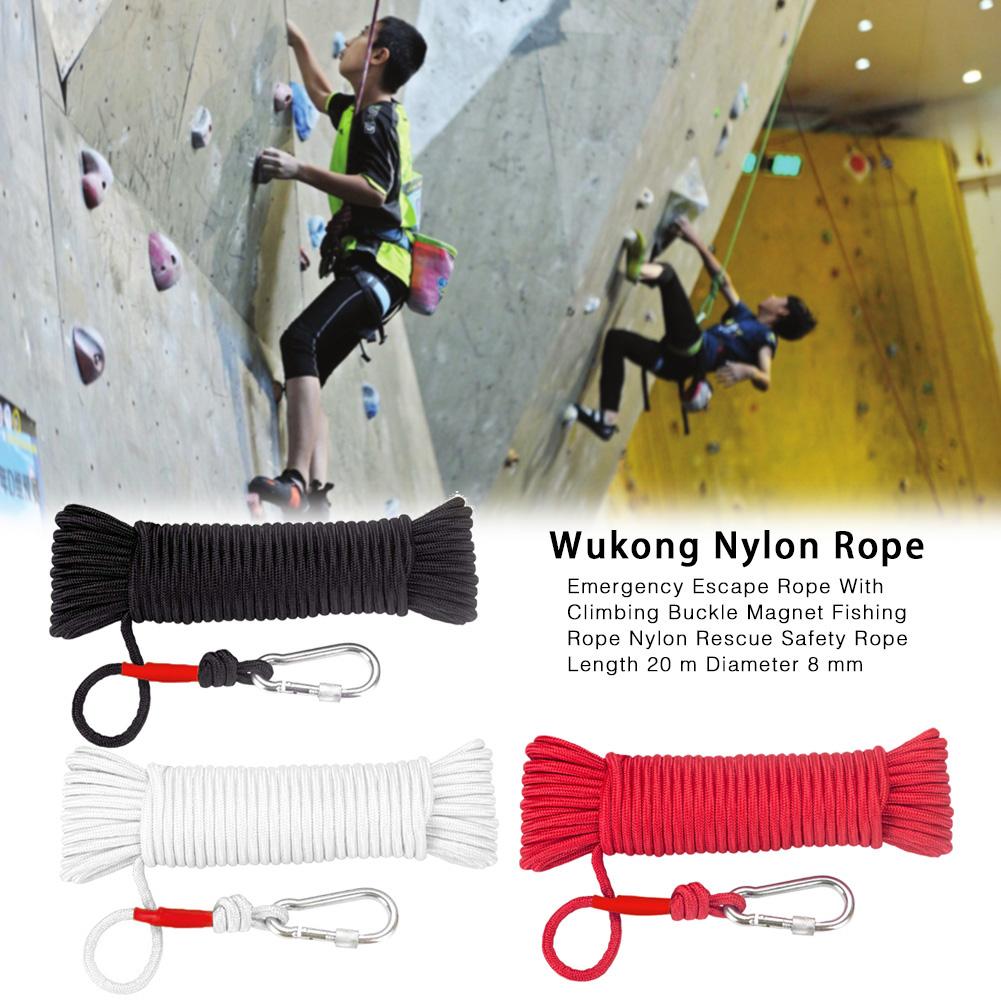 8mm nødtau med klatrespenne magnet fisketau nylon redningstau 20m lengde utendørs sportsutstyr