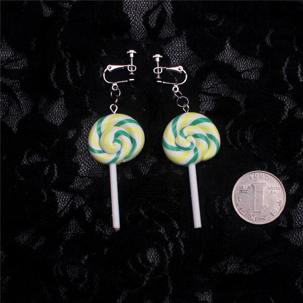 cute lollipop clip on earrings women novelty childhood sucker sugarplum sweetmeat clip earring without piercing: Green