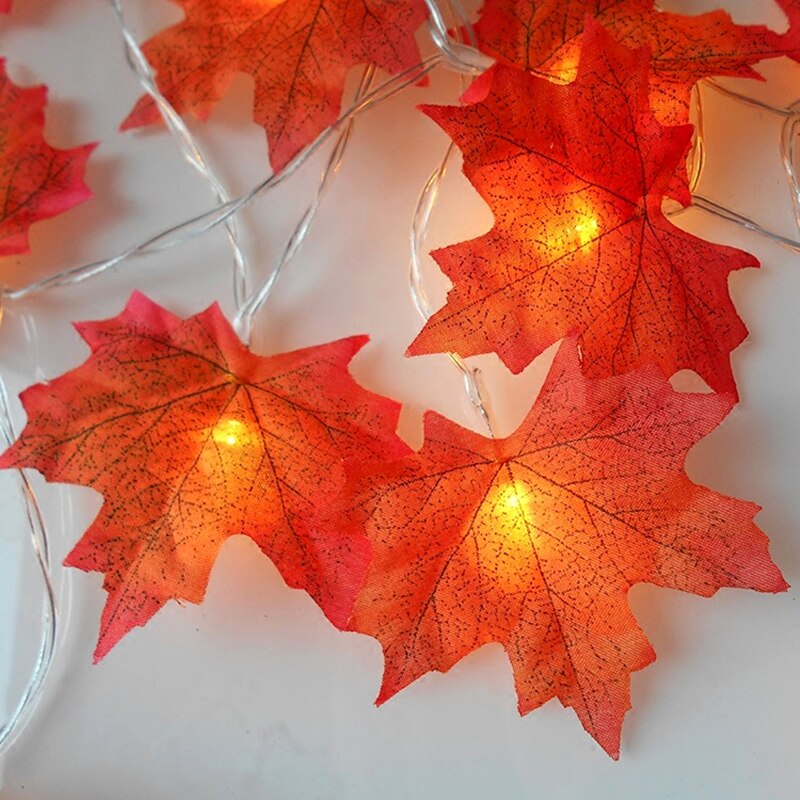Guirnalda de Hojas de arce artificiales de otoño, decoración de guirnaldas de luces Led para Navidad, Acción de Gracias, decoración para fiestas para montar Halloween, 2M, 10Led