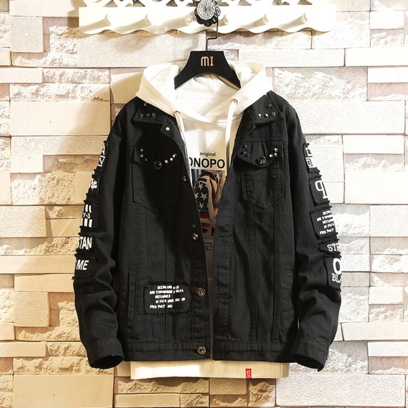 #3446 Red White Yellow Black Ripped Punk Denim Jacket Men Letters Print High Street Hip Hop Jeans Jacket Harajuku Spring Autumn: Black / XXXL
