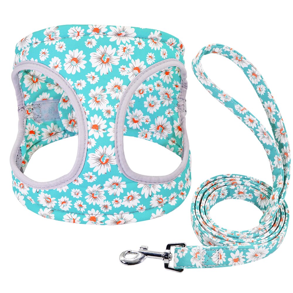 Reflective Dog Harness Soft Mesh Pet Puppy Harness Leash Set French Harnesses Bulldog Printed Dogs Small Medium Vest: Blue / XS