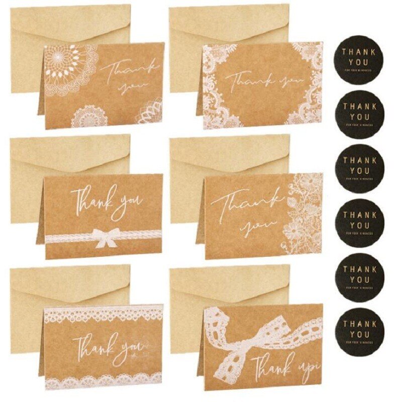 10packs Lace Pocket Wedding Invitations Card Thank you cowhide greeting card set 6 stickers with 6 envelopes with 6 folded cards