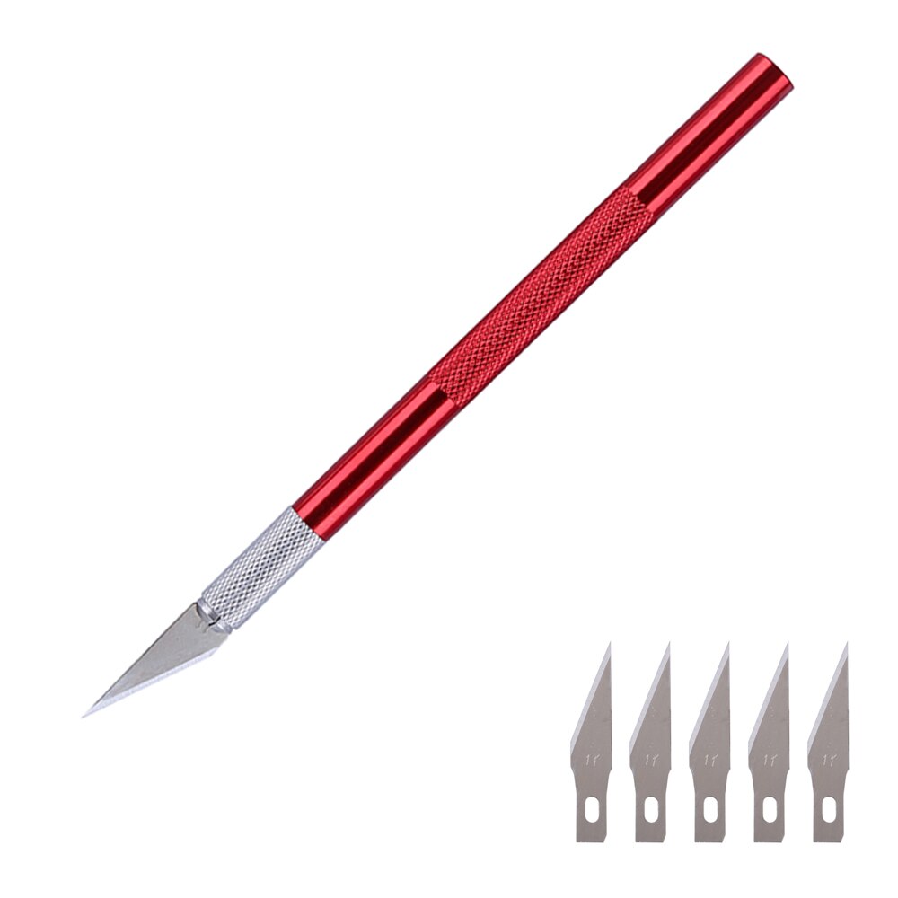 Cuchillo de hoja de bisturí con mango de Metal para cortar papel y madera, utensilio de utilidad para manualidades, suministros de corte y grabado, 1 Juego: Red