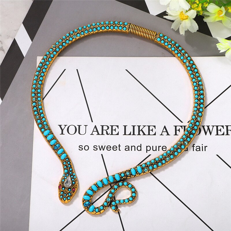 Blauw Turquoise Micron Pave Snake Ketting Antieke Egypte Stijl Cleopatra Buigbare Ketting Sexy Wild Choker Snake Ketting