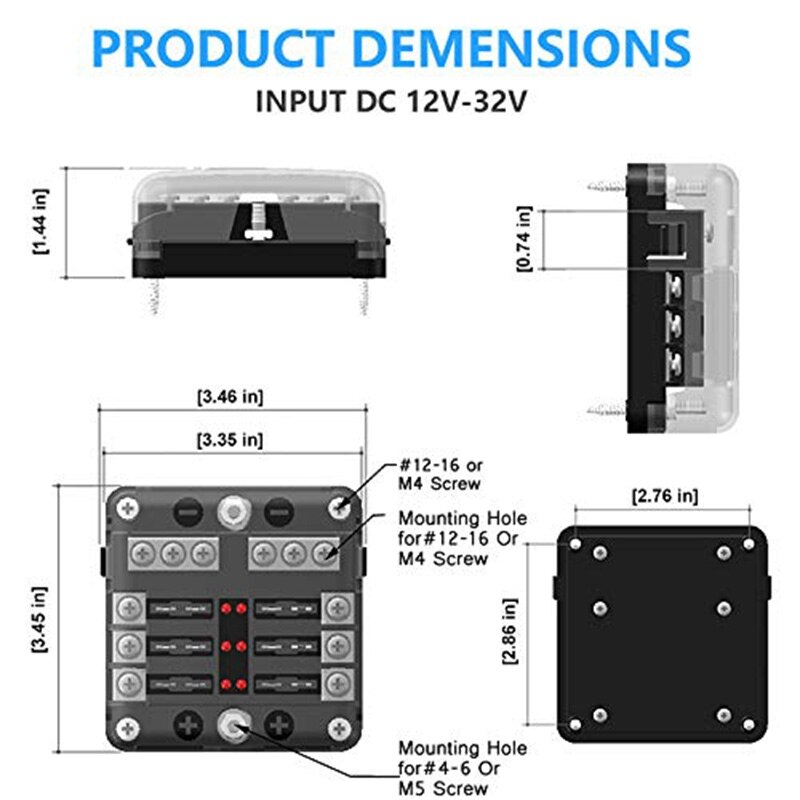6 Way 12V Fuze Box 12Volt Blade Fuze Block, 6 Circuit with Negative Bus Waterproof Fuze Box with LED Indicator