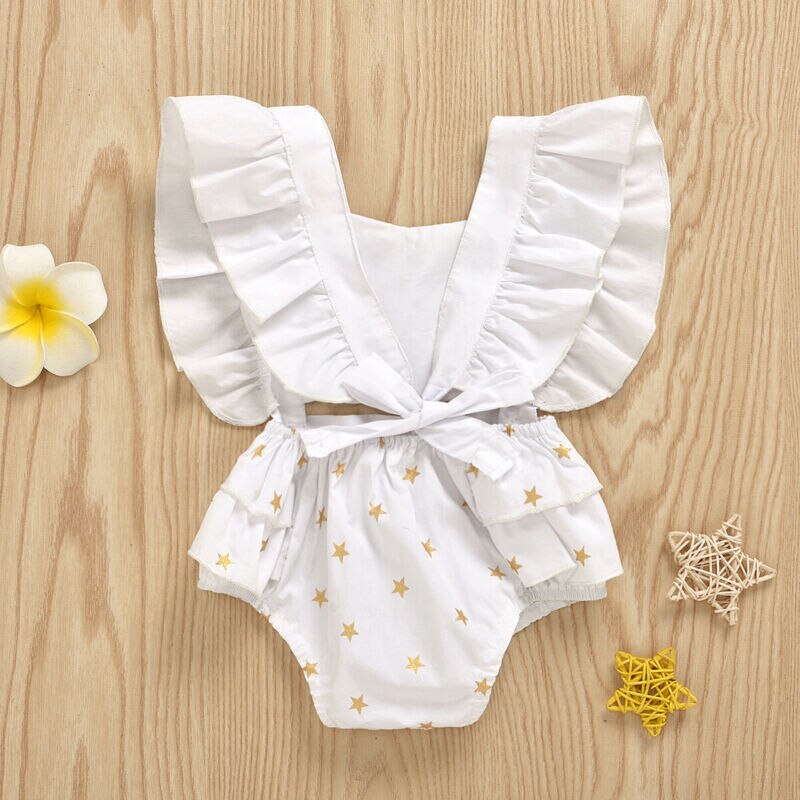 Cotton Newborn Baby Girls Bodysuits Clothes Infant Toddler Princess Ruffle Sleeveless Star Print Jumpsuits Outfit Set
