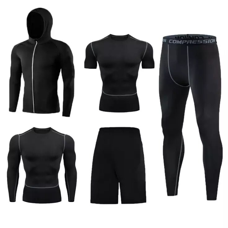 5 pièces/ensembles hommes vêtements de sport homme rashguard costume homme kit mma compression vêtements pour hommes à manches longues t-shirt + entraînement l