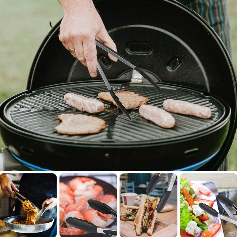 2PCS Food Tong Stainless Steel Kitchen Tongs With Non-Stick Silicone Tips Built-in Stand Clip Tong For BBQ, Salad, Grilling, Fry