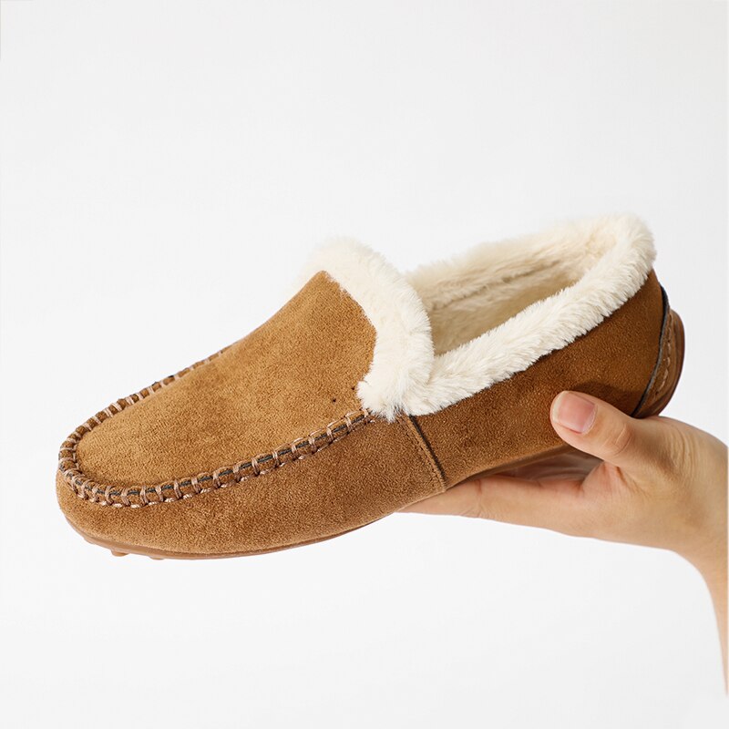 Kvinder varme moccasin sko plys vinter damer kausal blød bund skridsikker kvinde syning ruskind kvindelige loafers lejligheder
